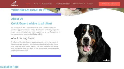 A screenshot of Chelseipetshome.com