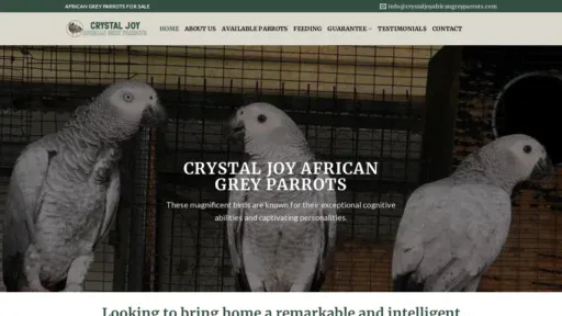 A screenshot of Crystaljoyafricangreyparrots.com