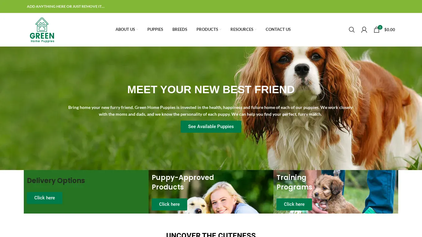 A screenshot of Greenhomepuppies.com