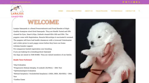 A screenshot of Larajussamoyeds.com