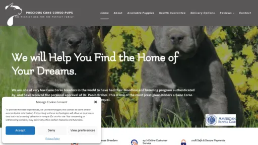 A screenshot of Preciouscanecorsopuppies.com