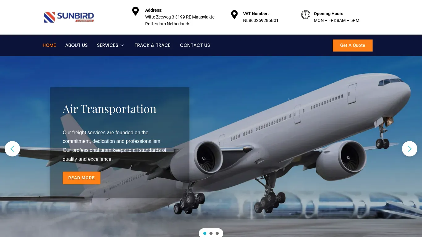 A screenshot of Sunbirddclogistics-bv.com