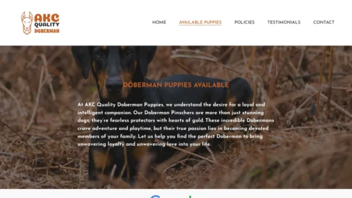 A screenshot of Akcqualitydobermanpuppies.com