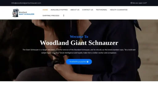 A screenshot of Woodlandgiantschnauzer.com