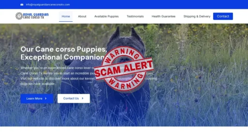 Scam Website Screenshot Royalguardiancanecorsotx.com