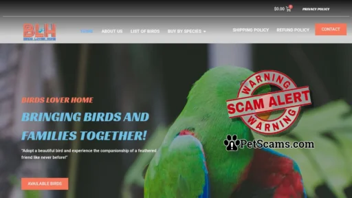 Scam Website: Birds Lover Home – Discover Your Perfect Winged Companion.